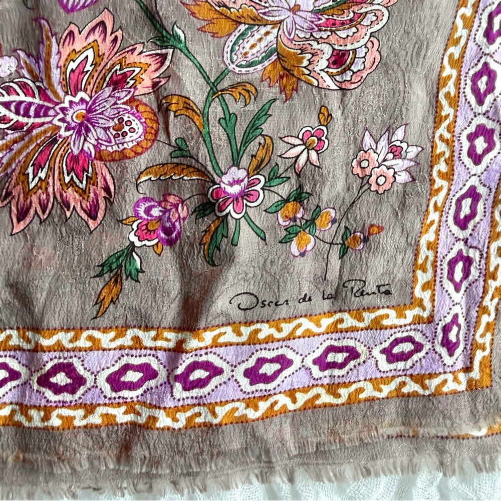 Oscar de la Renta Silk Scarf Floral Taupe Purple Long Designer Wrap 50” - Picture 2 of 10